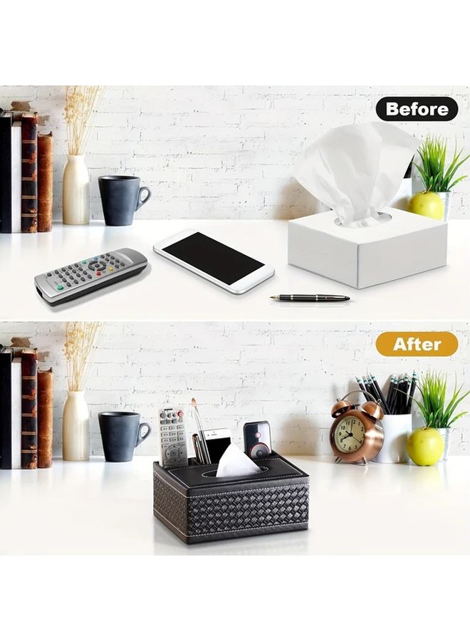 Black Faux Leather Tissue Box Organizer With Remote And Phone Holder - Image 5